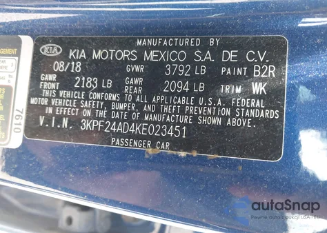 2019 Kia Forte Lxs z USA, uszkodzony, nr VIN 3KPF24AD4KE023451